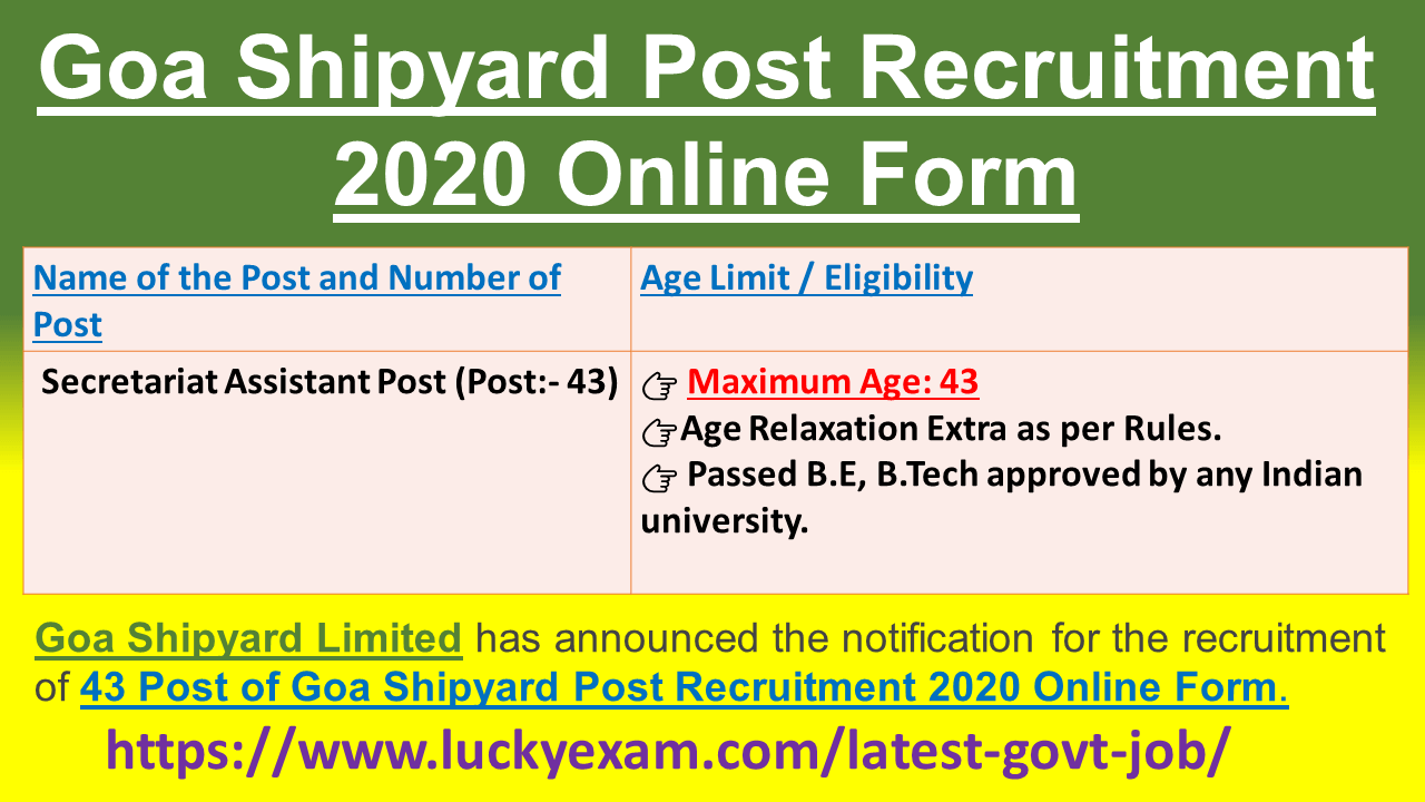 Goa Shipyard Post Recruitment 2020 Online Form