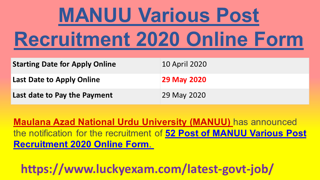 MANUU Various Post Recruitment 2020 Online Form