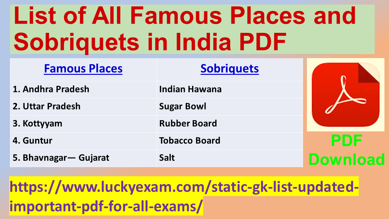 List of All Famous Places and Sobriquets in India PDF