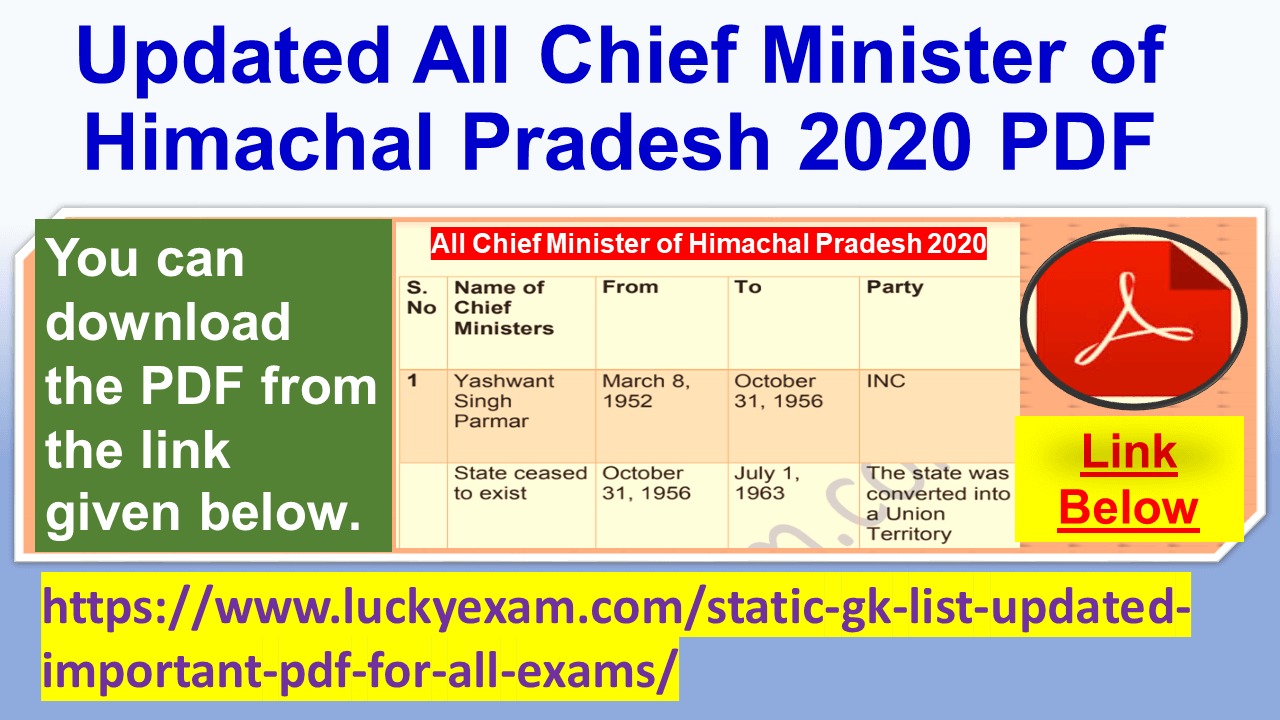 Updated All Chief Minister of Himachal Pradesh 2020 PDF