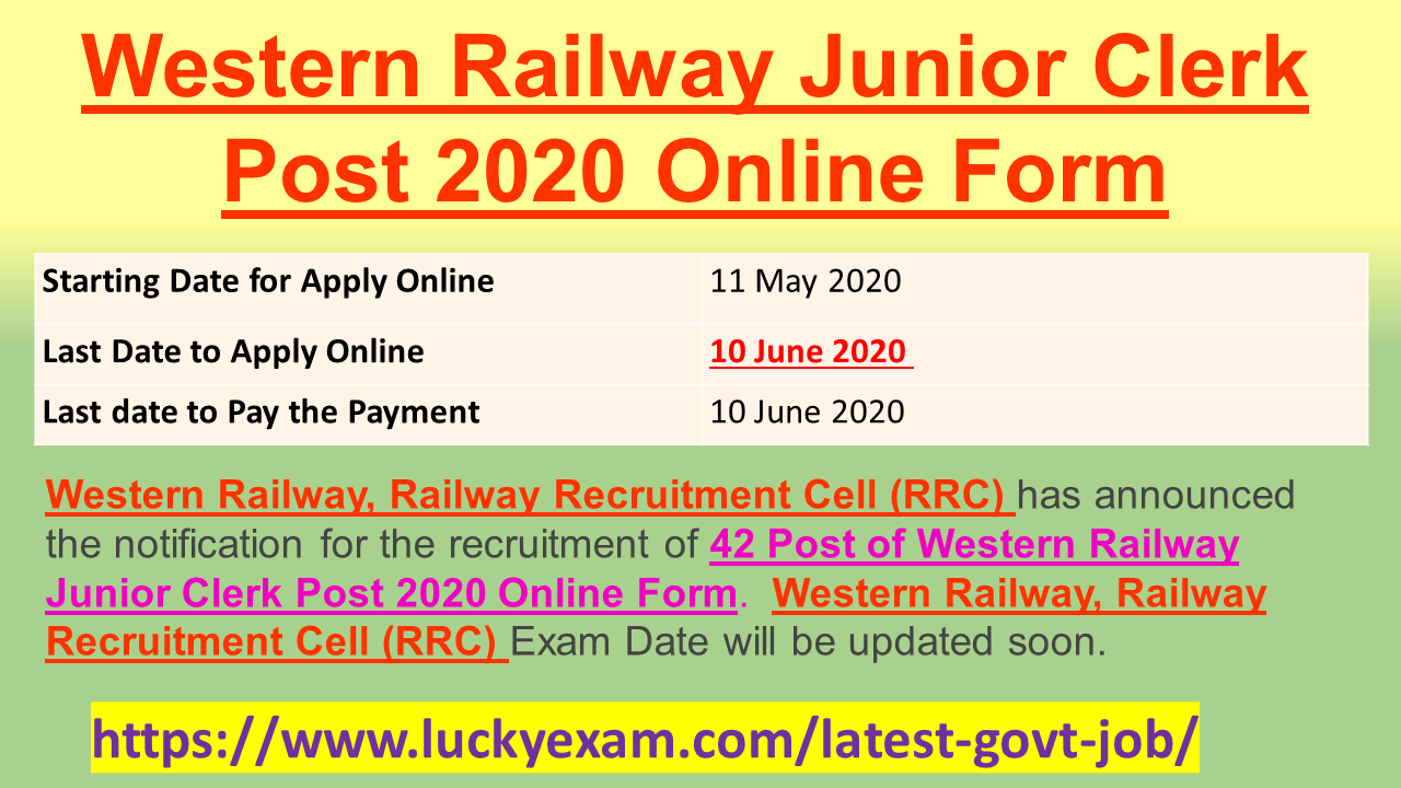 Western Railway Junior Clerk Post 2020 Online Form
